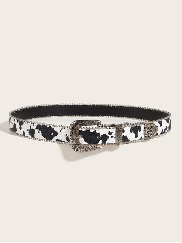 Women's Cow Print Western Belt, Fashion Vintage Style Flower Engraved Belt for Daily Clothing Decor, Trendy All-match & Exquisite Belt for Birthday Gift