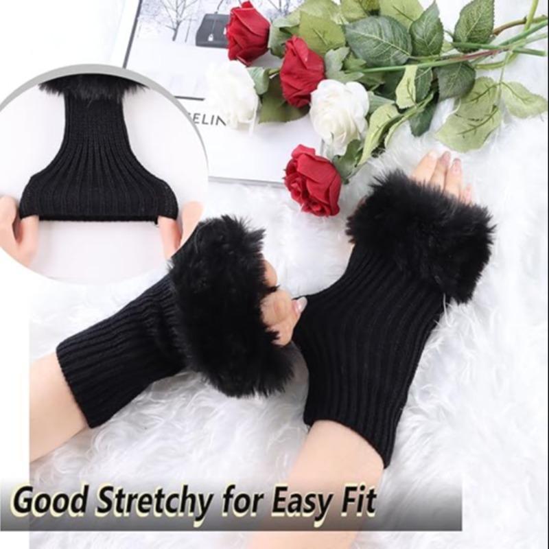 Women's Winter Fingerless Gloves, 1 Pair Knitted Sleeve Hand Gloves with Thumb Hole, Faux Fur Wrist Short Cuff Gloves