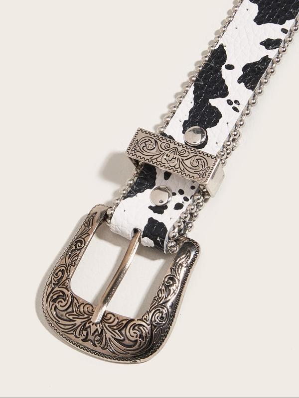 Women's Cow Print Western Belt, Fashion Vintage Style Flower Engraved Belt for Daily Clothing Decor, Trendy All-match & Exquisite Belt for Birthday Gift