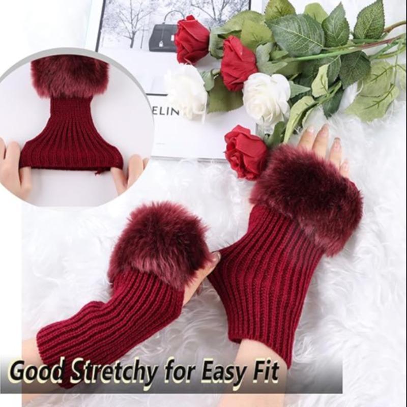 Women's Winter Fingerless Gloves, 1 Pair Knitted Sleeve Hand Gloves with Thumb Hole, Faux Fur Wrist Short Cuff Gloves