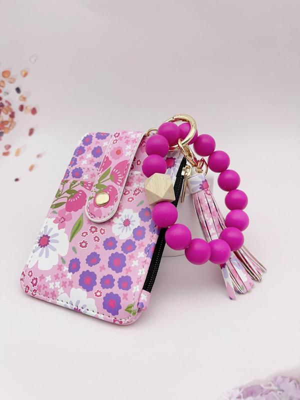 Women's Boho Style Beaded & Tassel Decorated Keychain with Flower Pattern Wallet, Cute Fall Trendy Keychain, Chic Gorgeous Keychain for Key & Bag Decor, Fall Outfits, Fall Freshness