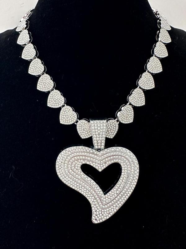 Rhinestone Decorated Heart Shaped Jewelry Set, Including Necklace & Studs Earrings, Fashion Jewelry for Party, Daily Decor, Trendy All-match & Exquisite Jewelry for Birthday Gift