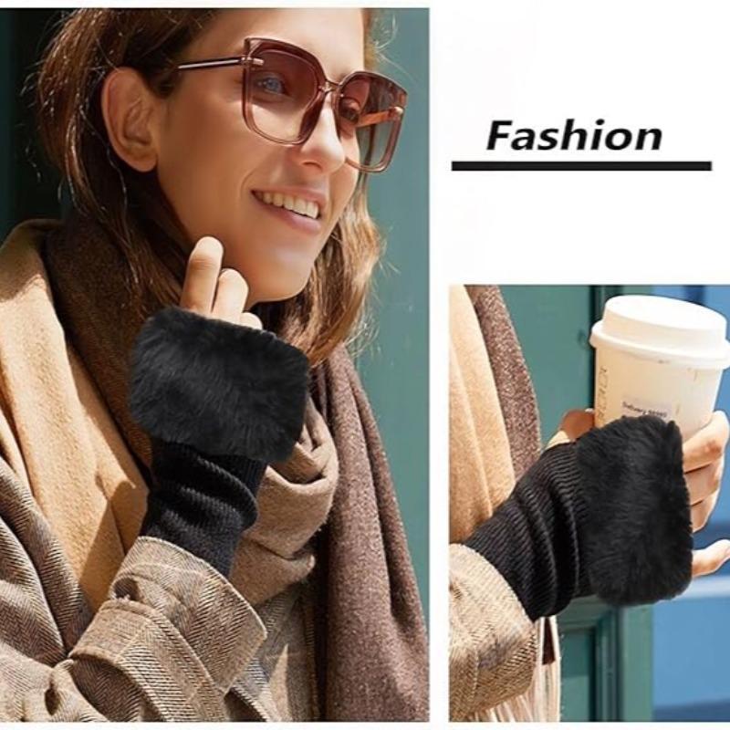 Women's Winter Fingerless Gloves, 1 Pair Knitted Sleeve Hand Gloves with Thumb Hole, Faux Fur Wrist Short Cuff Gloves