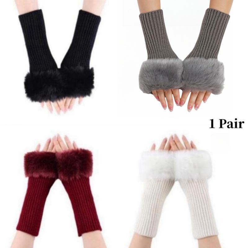 Women's Winter Fingerless Gloves, 1 Pair Knitted Sleeve Hand Gloves with Thumb Hole, Faux Fur Wrist Short Cuff Gloves