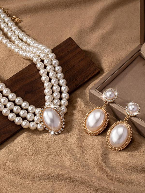 Women's Elegant Faux Pearl & Rhinestone Decorated Necklace & Dangle Earrings, Exquisite Trendy Jewelry Set, Fashionable Jewelry Set for Party Decoration