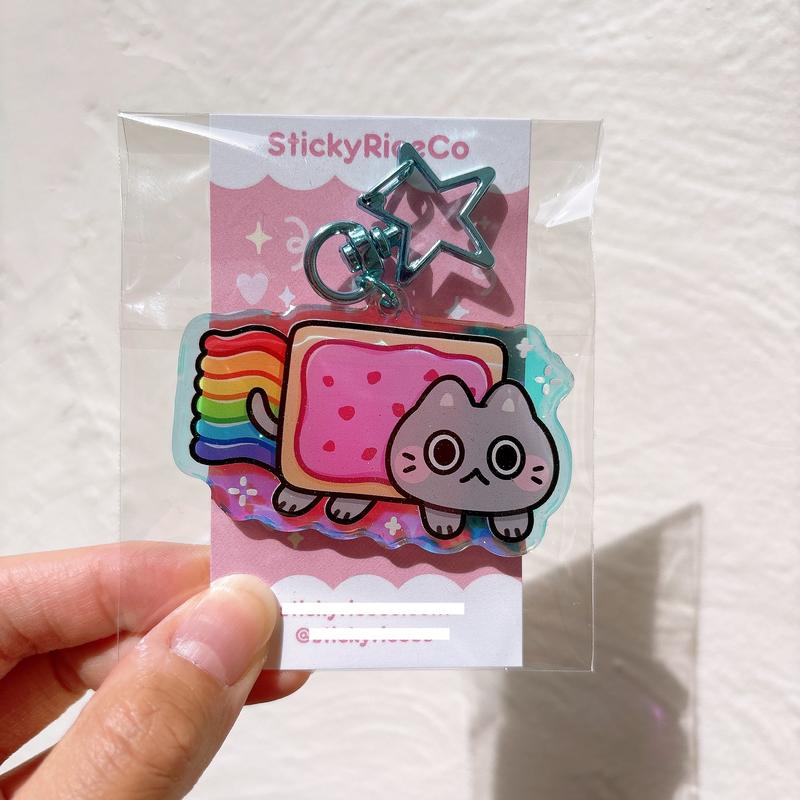 StickyRiceCo Cute Cat Meme Glitter Acrylic Keychains