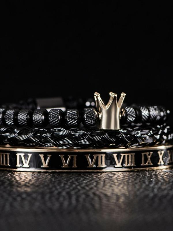 Men's Crown Design Beaded Bangle, Fashionable Braid & Roman Numerals Cuff Bracelet for Party, Daily  Decor, Trendy Exquisite Jewelry for Birthday Gift