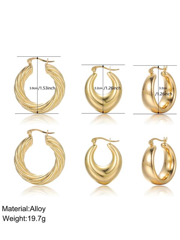 3 Pairs Fashion Elegant Simple Geometric Design Hoop Earrings For Women, Trendy Twist Zinc Alloy Ear Jewelry For Party