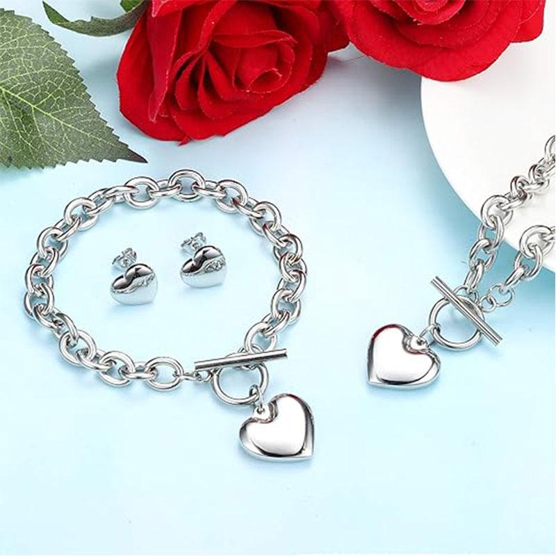 3-piece Heart-shaped Pendant Necklace Switch Chain Heart-shaped Bracelet Heart-shaped Stud Earrings Women's Stainless Steel Charm Love Jewelry Set Halloween