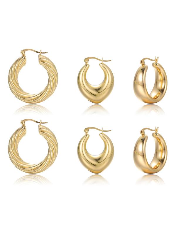 3 Pairs Fashion Elegant Simple Geometric Design Hoop Earrings For Women, Trendy Twist Zinc Alloy Ear Jewelry For Party