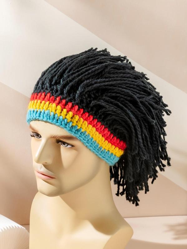 2024 Street Trend Y2k Rainbow Striped Crochet Dreadlock Beanies for Men, Summer Funny High Stretch Rasta Hair Wig Cap for Teens Boys, Cute Novelty Knitting Wig Beanie Hat for Festival Carnival