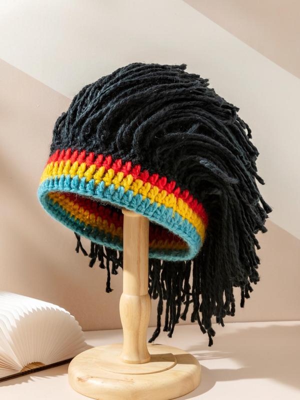 2024 Street Trend Y2k Rainbow Striped Crochet Dreadlock Beanies for Men, Summer Funny High Stretch Rasta Hair Wig Cap for Teens Boys, Cute Novelty Knitting Wig Beanie Hat for Festival Carnival