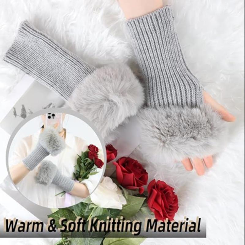 Women's Winter Fingerless Gloves, 1 Pair Knitted Sleeve Hand Gloves with Thumb Hole, Faux Fur Wrist Short Cuff Gloves