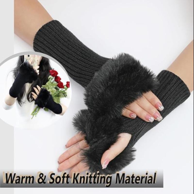 Women's Winter Fingerless Gloves, 1 Pair Knitted Sleeve Hand Gloves with Thumb Hole, Faux Fur Wrist Short Cuff Gloves