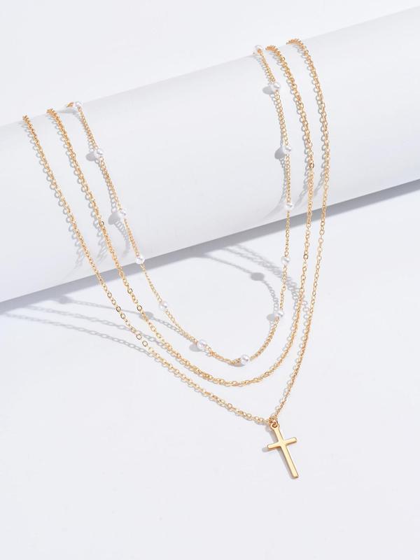 2pcs set Women's Elegant Cross Pendant Necklace, Stainless Steel Chain Necklace, Faux Pearls Decor Layered Necklace, Fashion Accessories for Party, Daily Clothing Decor for Girl