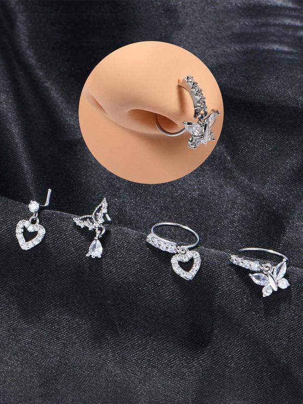 Mixed Style Artificial Zircon Decor Butterfly & Heart Design Nose Rings, L Shaped Nose Ring Studs, Fashion Body Jewelry for Women & Men