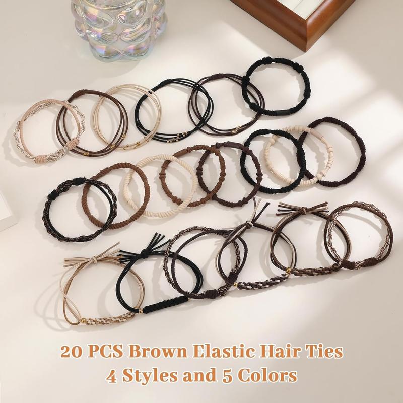 20 Pack  Boho Hair Ties, Nuetral Color Bracelets Hair Ties for Thick or Thin Hair, 5 Styles Boho Ties for Ponytail Holders, 2.36’’ Hair Ties No Damage