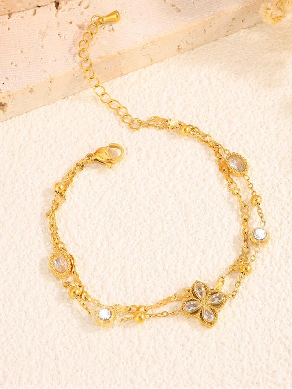 Elegant Rhinestone Decorated Layered Lobster Closure Bracelet, Fashionable Jewelry for Women & Girls, Trendy All-match & Exquisite Jewelry for Birthday Gift