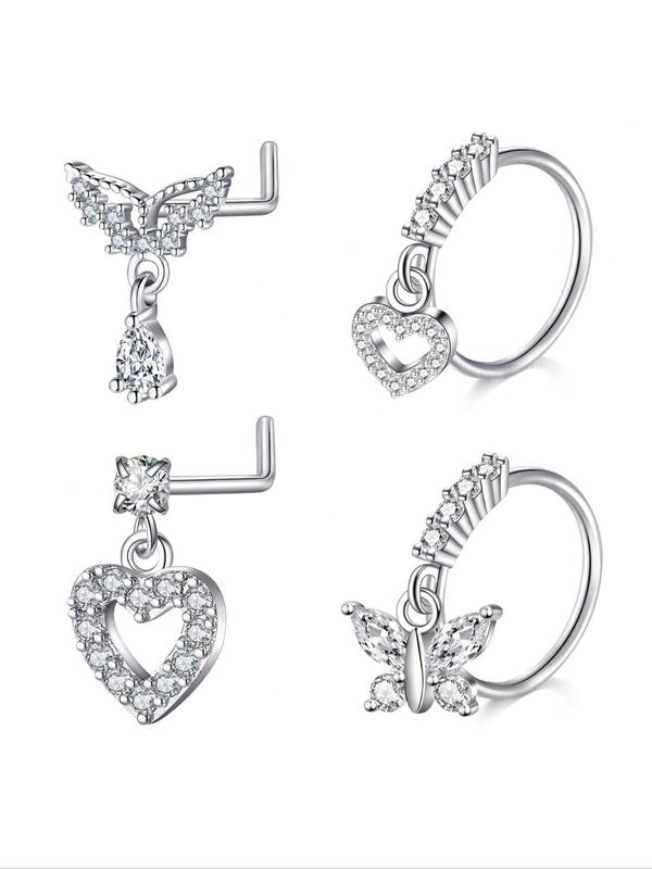 Mixed Style Artificial Zircon Decor Butterfly & Heart Design Nose Rings, L Shaped Nose Ring Studs, Fashion Body Jewelry for Women & Men