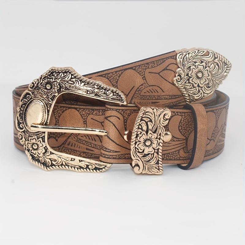 Western Carved Buckle Belts Vintage Flower Embossed Solid Color PU Waistband Classic Jeans Pants Belts For Women