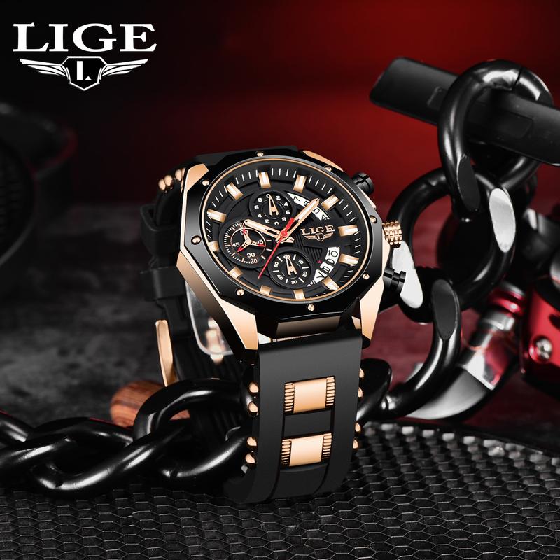 LIGE outdoor men's durable sport stylish quartz watch with calendar and running secounds