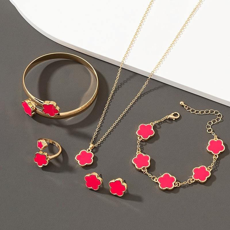 1 Pair Stud Earrings +1 Necklace +1 Bracelet +1 Bracelet +1 Ring with Lucky Flower Design Alloy Jewelery Suit Fashion Women Gift