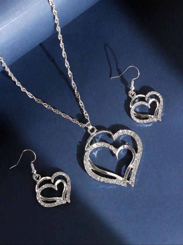 Women's Elegant Rhinestone Decorated Heart Design Jewelry Set, Exquisite Trendy Pendant Necklace & Dangle Earrings, Chic Jewelry Set for Party & Daily Decor