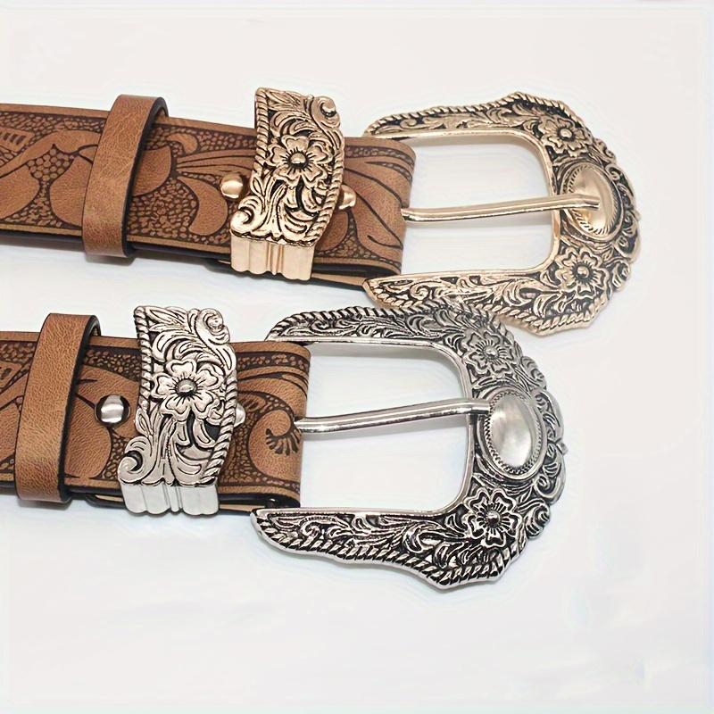 Western Carved Buckle Belts Vintage Flower Embossed Solid Color PU Waistband Classic Jeans Pants Belts For Women