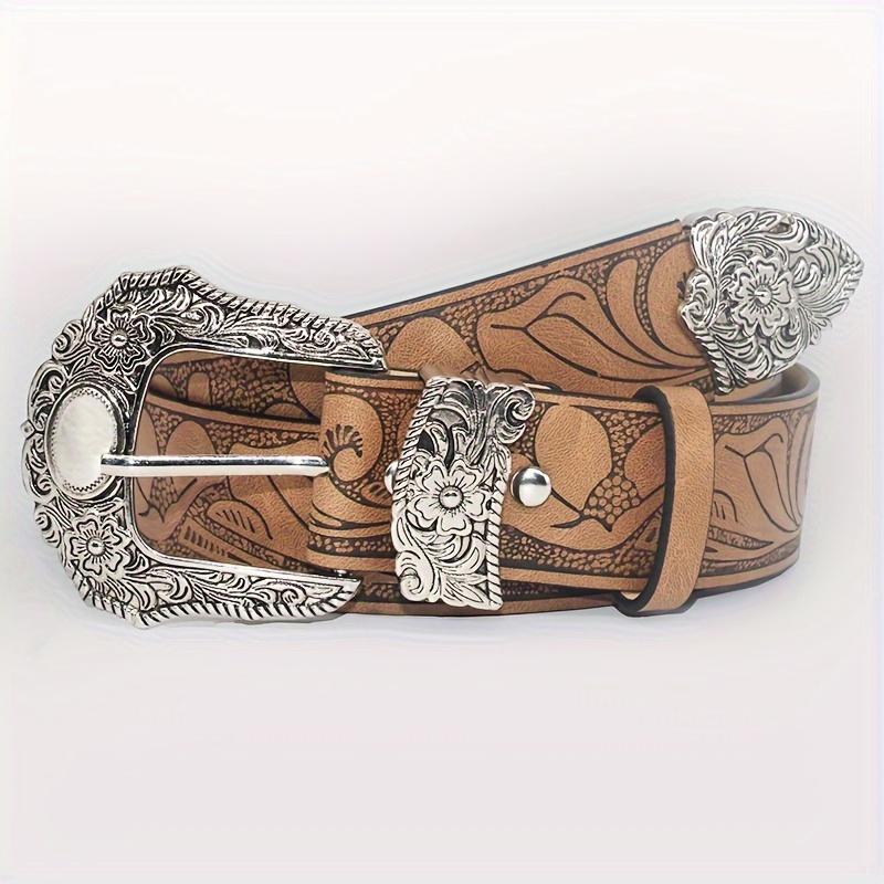 Western Carved Buckle Belts Vintage Flower Embossed Solid Color PU Waistband Classic Jeans Pants Belts For Women