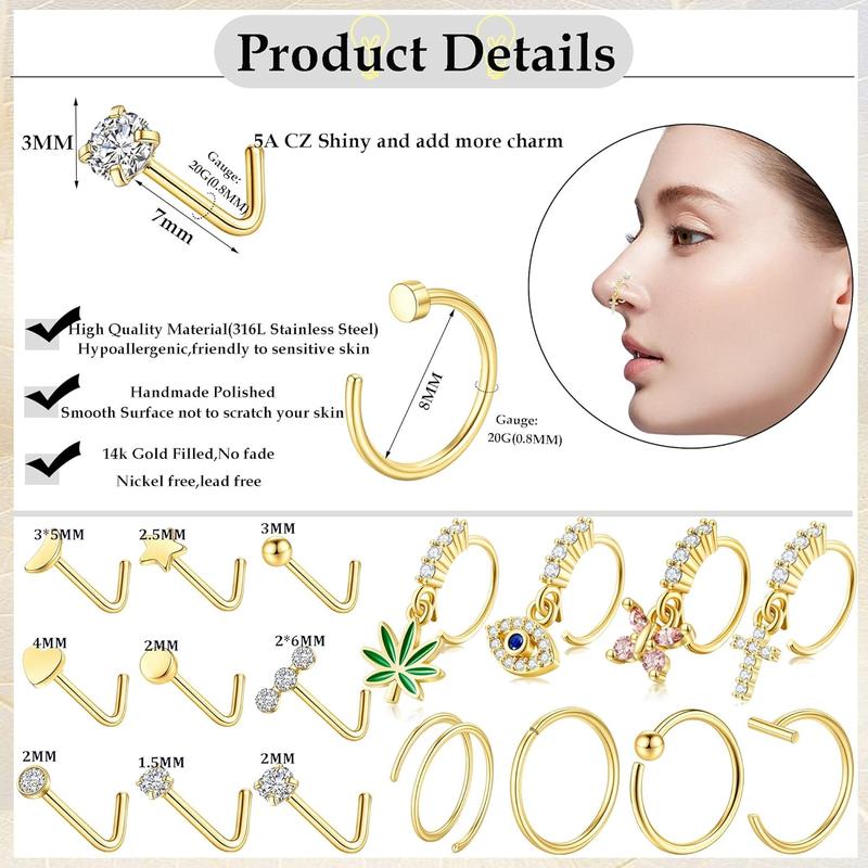 22 Gold Filled Dangle Nose Ring Hoops 316L Surgical Steel Nose Rings Hypoallergenic Nose Piercing Jewelry for Women Men