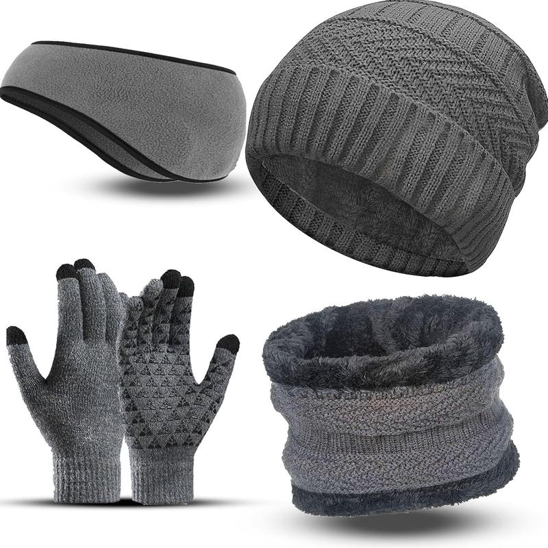 Ski Winter Hat Scarf Gloves Set for Men, Knit Beanie Hat  Warmer Scarf Warmer Touch Screen Gloves and Ear Warmer