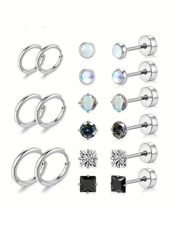 Fashionable Stainless Steel Earrings Set, 9 Pairs Rhinestone Decor Stud Earrings & Hoop Earrings for Women & Men, Trendy All-match & Exquisite Jewellery for Birthday Gift, Fall Outfits, Fall Freshness, Thick Studs