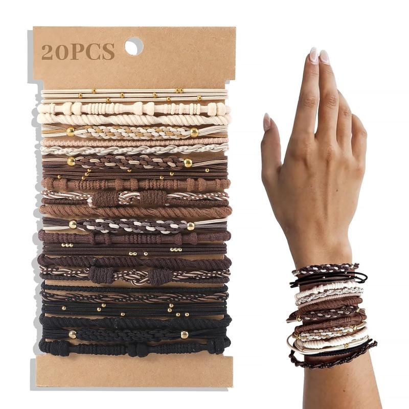 20 Pack  Boho Hair Ties, Nuetral Color Bracelets Hair Ties for Thick or Thin Hair, 5 Styles Boho Ties for Ponytail Holders, 2.36’’ Hair Ties No Damage