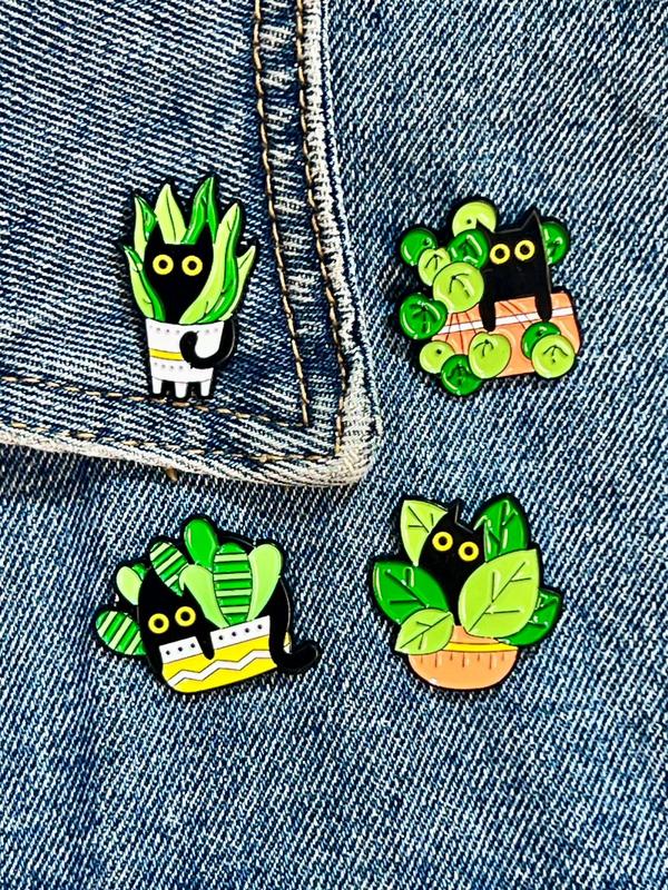 Cute Cartoon Plant & Cat Design Enamel Brooch Pin, Casual Dainty Jewelry For Party, Daily Clothing Decor For Girl