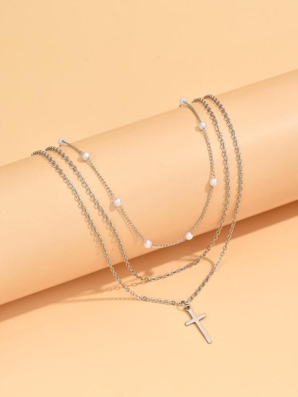 2pcs set Women's Elegant Cross Pendant Necklace, Stainless Steel Chain Necklace, Faux Pearls Decor Layered Necklace, Fashion Accessories for Party, Daily Clothing Decor for Girl