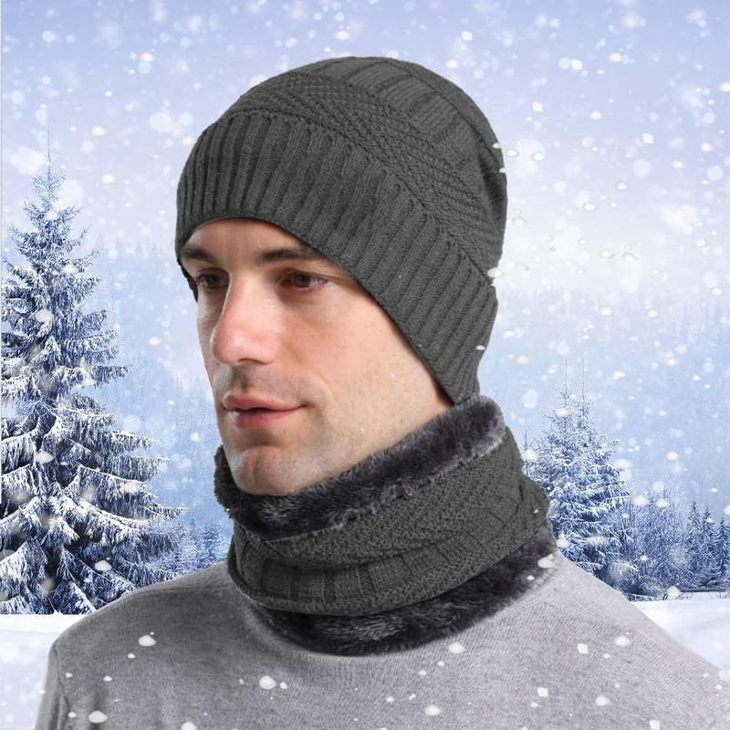 Ski Winter Hat Scarf Gloves Set for Men, Knit Beanie Hat  Warmer Scarf Warmer Touch Screen Gloves and Ear Warmer