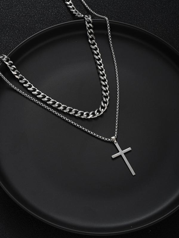 Unisex Casual Twist Cross Pendant Necklace & Chain Necklace, Punk Hip Hop Style Stainless Steel Necklace Set for Party, Daily Clothing Decor for Boy, Jewelry for Men