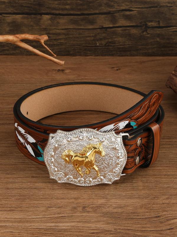 Western Style Animal Horse Buckle Belt, Vintage Feather Pattern Belt for Men & Women, Fashion Belt for Party, Daily Clothing Decor, Trendy All-match & Exquisite Belt for Birthday Gift