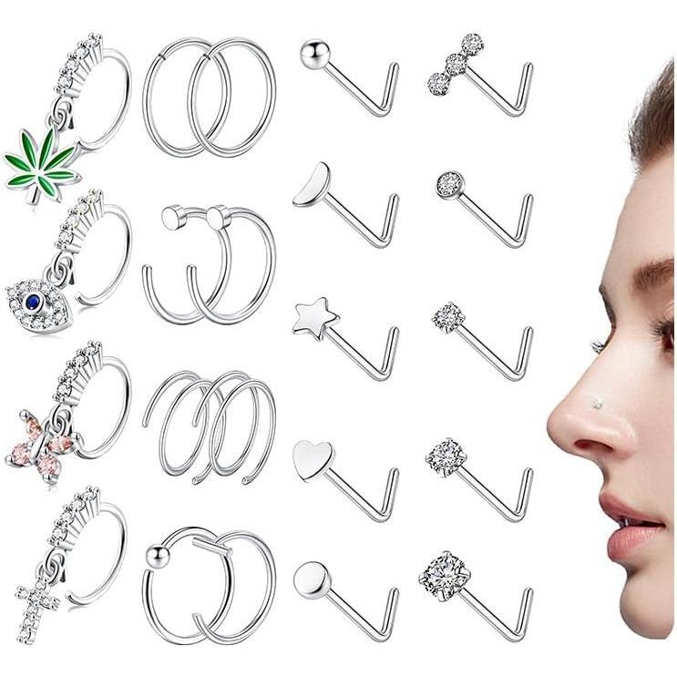 22 Gold Filled Dangle Nose Ring Hoops 316L Surgical Steel Nose Rings Hypoallergenic Nose Piercing Jewelry for Women Men