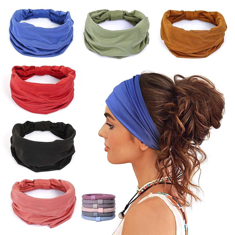 6 Pack Wide Headbands for Women Non Slip Soft Elastic Bands Yoga Running Workout Gym Wraps, Knotted Cotton Cloth Turbans Bandana (with 6 Pcs Ties)