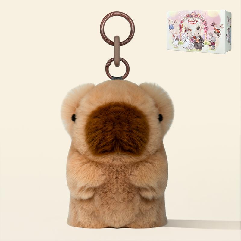 Handmade Capybara PomPom Keychain with a designed tin box, Gift for Birthdays, Anniversaries, Holidays, Special Occasions