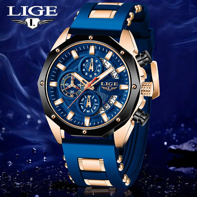 LIGE outdoor men's durable sport stylish quartz watch with calendar and running secounds