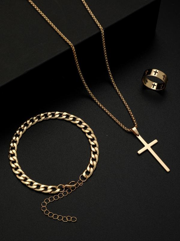 Men's Punk Style Matching Jewelry Set, Cross & Chain Design Pendant Necklace & Bracelet & Ring Back To School, Jewelry Men Accessories for Party & Daily Gift Kit Women, Fall Outfits, Fall Freshness Fall