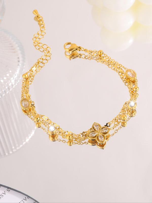 Elegant Rhinestone Decorated Layered Lobster Closure Bracelet, Fashionable Jewelry for Women & Girls, Trendy All-match & Exquisite Jewelry for Birthday Gift