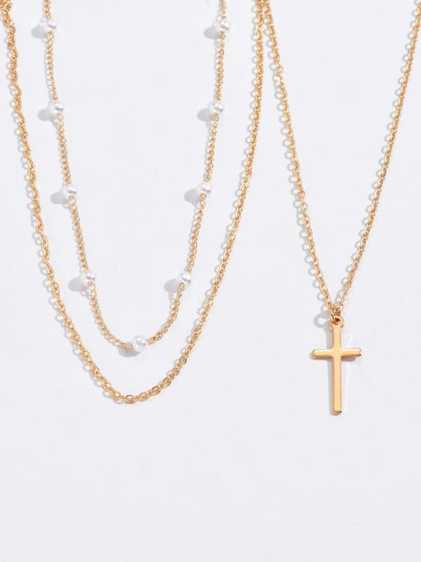 2pcs set Women's Elegant Cross Pendant Necklace, Stainless Steel Chain Necklace, Faux Pearls Decor Layered Necklace, Fashion Accessories for Party, Daily Clothing Decor for Girl