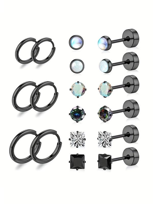 Fashionable Stainless Steel Earrings Set, 9 Pairs Rhinestone Decor Stud Earrings & Hoop Earrings for Women & Men, Trendy All-match & Exquisite Jewellery for Birthday Gift, Fall Outfits, Fall Freshness, Thick Studs