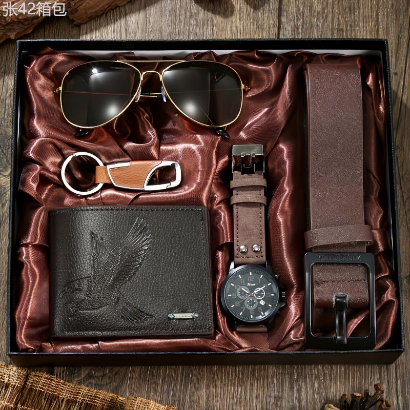 5pcs set Men's Fashion Keychain & Belt & Glasses & Wallet & Watch Gift Box Set -  Perfect Gift for Him - Birthday, Anniversary, Father's Day