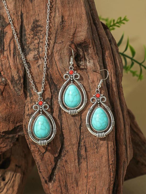 Boho Style Turquoise Decor Jewelry Set, 36pcs Jewelry Set, Vintage Pendant Necklace & Dangle Earrings, Fashion Jewelry Accessories for Women As Gift