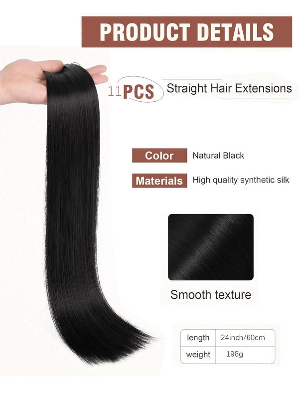 24 Inch Long Straight Clip-in Hair Extensions, Natural Soft Synthetic Hairpieces for Women, Increase Hair Volume for Holiday Use