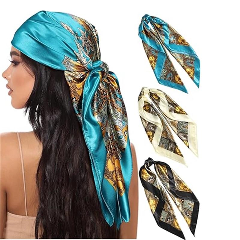 3-piece suit 35 Inches Large Printed Silk Like Texture Square Head Scarf Neck Scarves for Women Hair Kerchief Bandanas Scarf Sleeping Head Wraps Hair Band Headscarf Female Hair Accessories